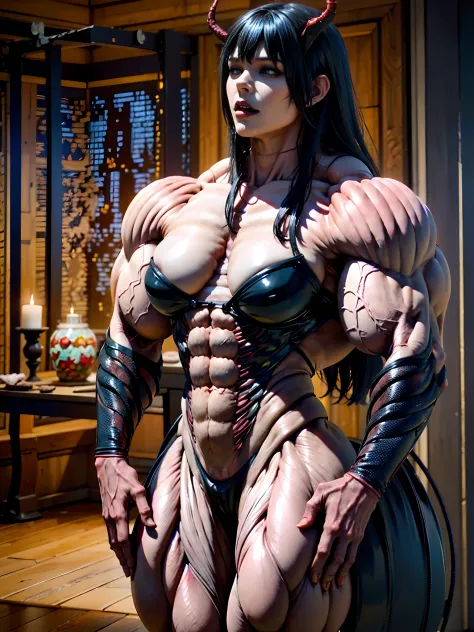 (carnage:1.5),(beautiful female model:1.5), (demoness with Large horns:1.25),(1 super muscular succubus with flayed skin:1.5), (covered in thick muscle suit:1.5), (exposed perfect anatomy:1.5), high detail, best quality, masterpiece, finely detail, realist...