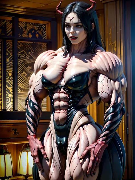 (carnage:1.5),(beautiful female model:1.5), (demoness with Large horns:1.25),(1 super muscular succubus with flayed skin:1.5), (covered in thick muscle suit:1.5), (exposed perfect anatomy:1.5), high detail, best quality, masterpiece, finely detail, realist...