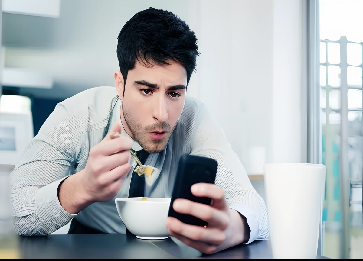 Arafed man eating cereal while using a cell phone - SeaArt AI