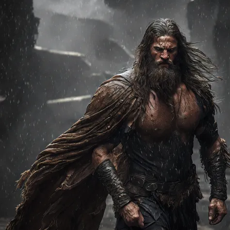 (Cinematic Photo:1.3) of (Ultra detailed:1.3) photo of the most beautiful artwork in the world featuring soft lustrous, ((epic heroic fantasy muscular rugged wet wounded hero man angry looking with long hair and long beard and fierce looking in a dynamic p...
