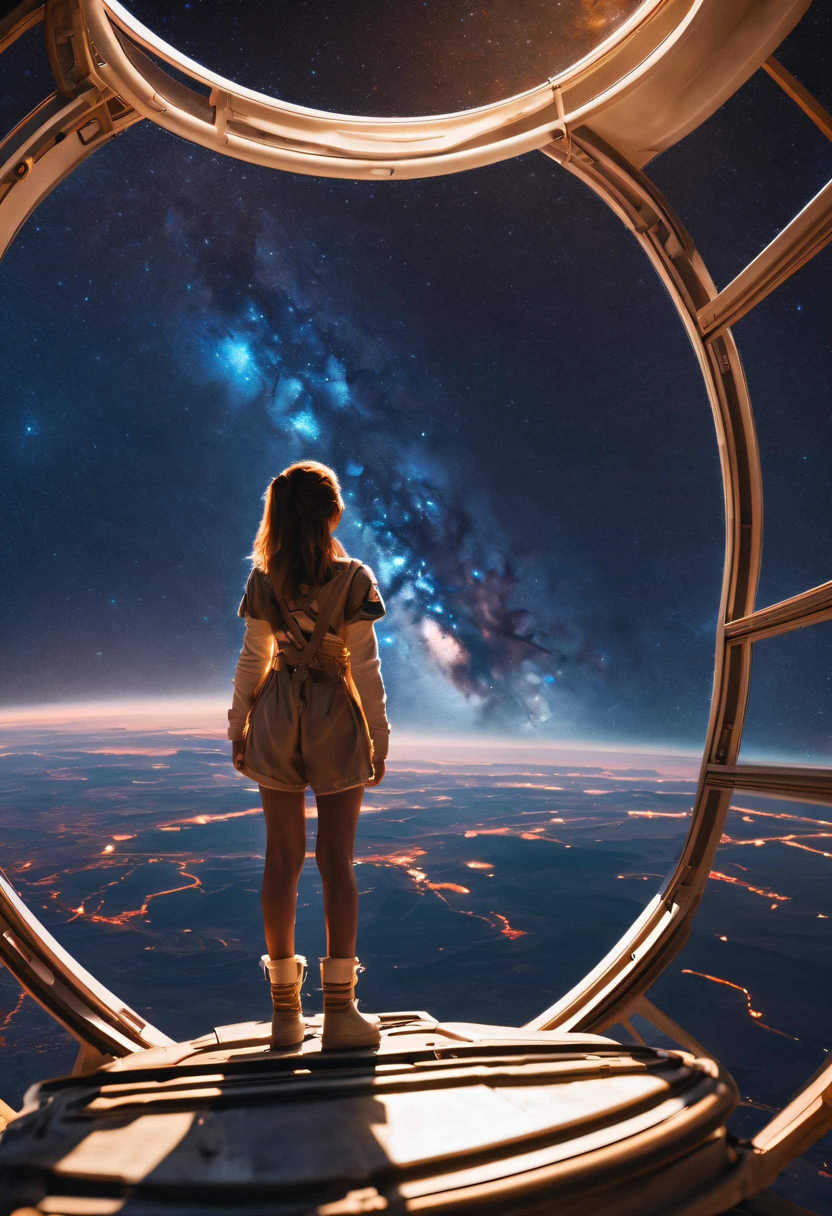 A girl stands on the edge of a majestic space station, overlooking the curvature of the Earth below, as the dazzling stars of the Milky Way paint the backdrop of her awe-inspiring panoramic view, blending the cosmic grandeur with her human presence.
