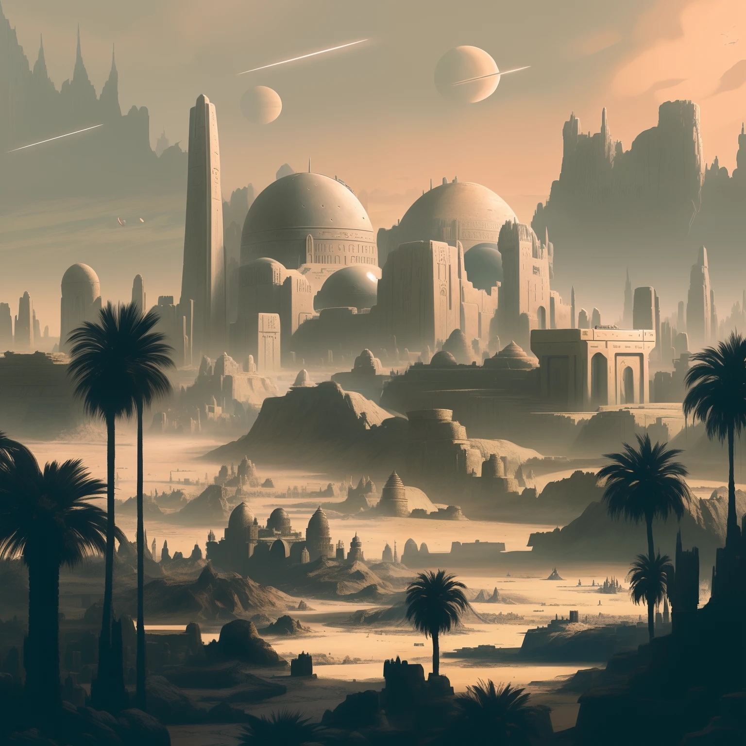 arafed view of a city with a spaceship flying over it, ancient sci - fi city, andreas rocha style, desert city, dune city and temples of arrakis, imperial city in the distance, in fantasy sci - fi city, city in desert, holy city | illustration, inspired by Andreas Rocha, ancient city landscape, naboo