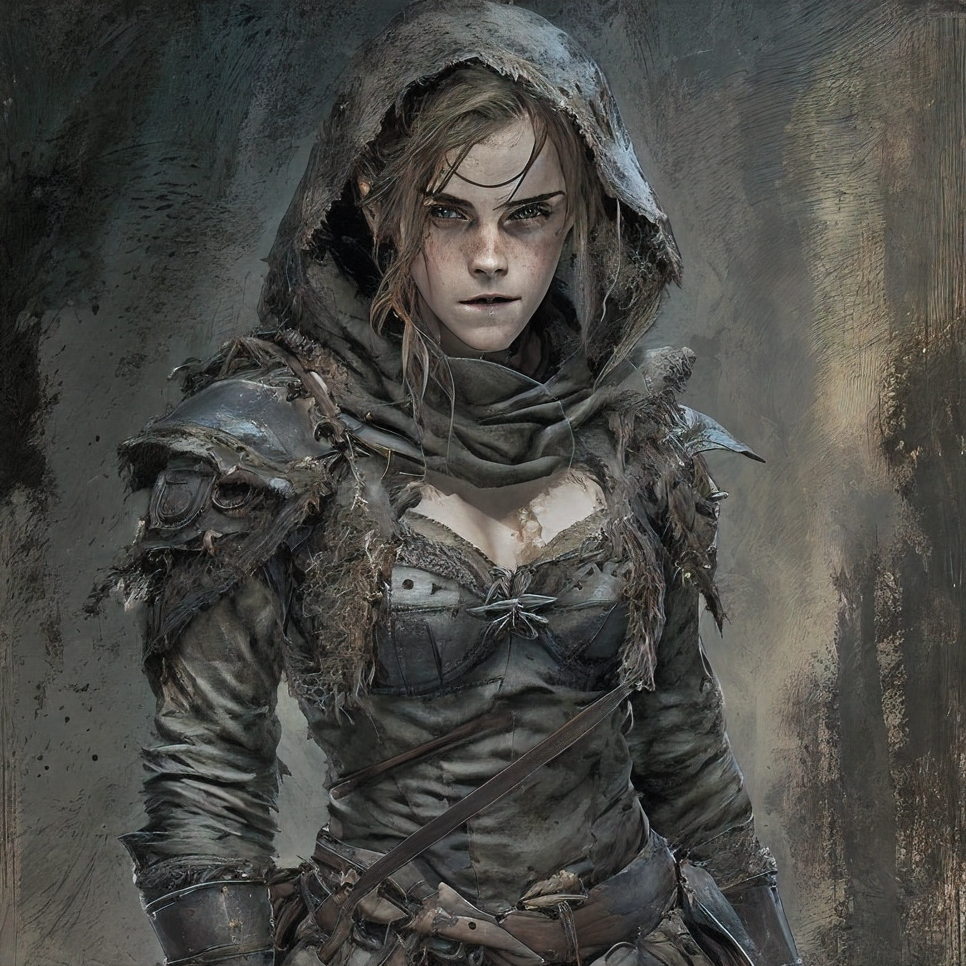 portrayed by Emma Watson Age 30; large breasts slim build, rogue thief girl, long hair, pale skin, belly button, bigger front teeth, big grey eyes, beautiful detailed eyes, messy make-up, (smirk), (nose blush), weathered leather armor, weathered black cotton hood, cinematic light, dark fantasy background, drawn by Greg Rutkowski, Yoji Shinkawa:0.6