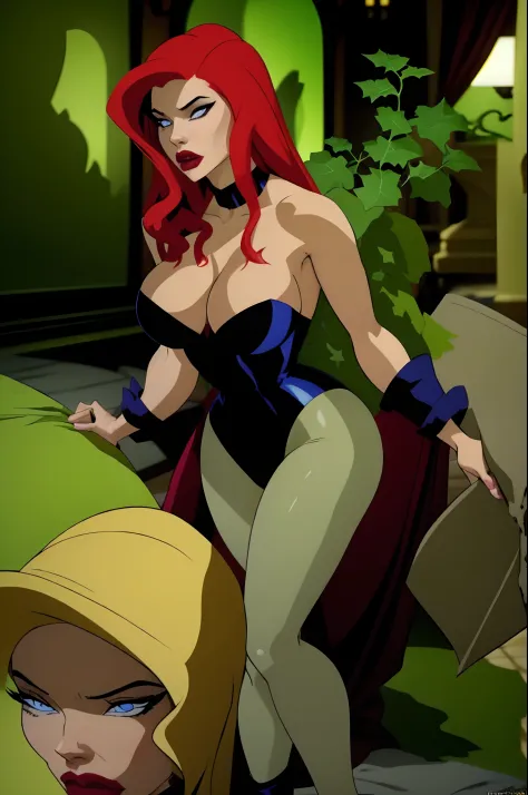 Poison ivy dc comics e Arlequina dc comics, Backgroud there is a huge carnivorous plant and the burning ground, Arlewuina dc comics is kissing Ivy Poison, detailed, high definicion, obra prima