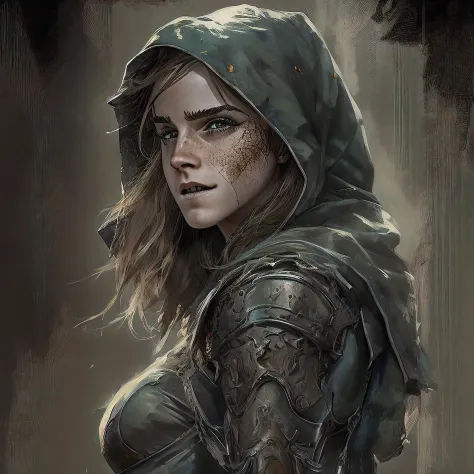NUDE; portrayed by Emma Watson Age 30; large breasts slim build, rogue thief girl, long hair, pale skin, belly button, bigger front teeth, big grey eyes, beautiful detailed eyes, messy make-up, (smirk), (nose blush), weathered leather armor, weathered blac...