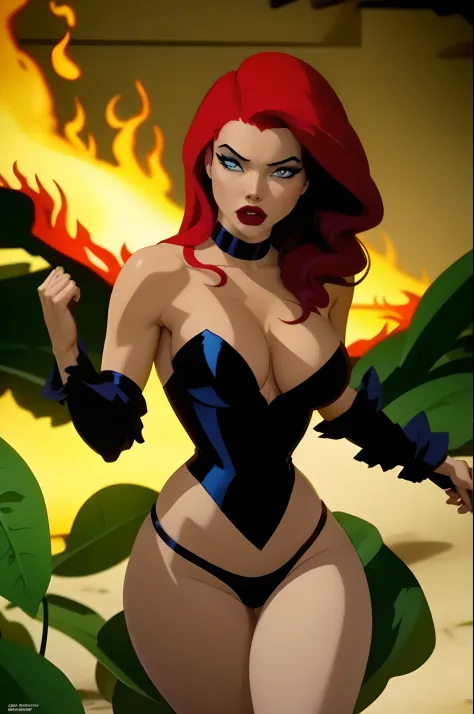 Poison ivy dc comics e Arlequina dc comics, Backgroud there is a huge carnivorous plant and the burning ground, detailed, high definicion, obra prima