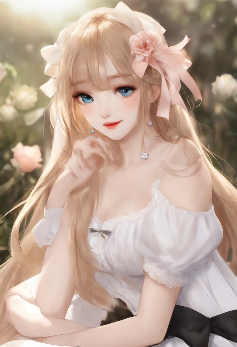 works, best quality, girl, long hair alternative, absurdly long hair, blonde hair, bow hair, aqua eyes, seductive smile, tongue, black eyes, longeyelashes, big breasts, mole on the chest, white shirt, short black skirt, shoes, pendant, hair ribbon, flower ribbon, hair_ribbon, hair_ribbon, hair_flower