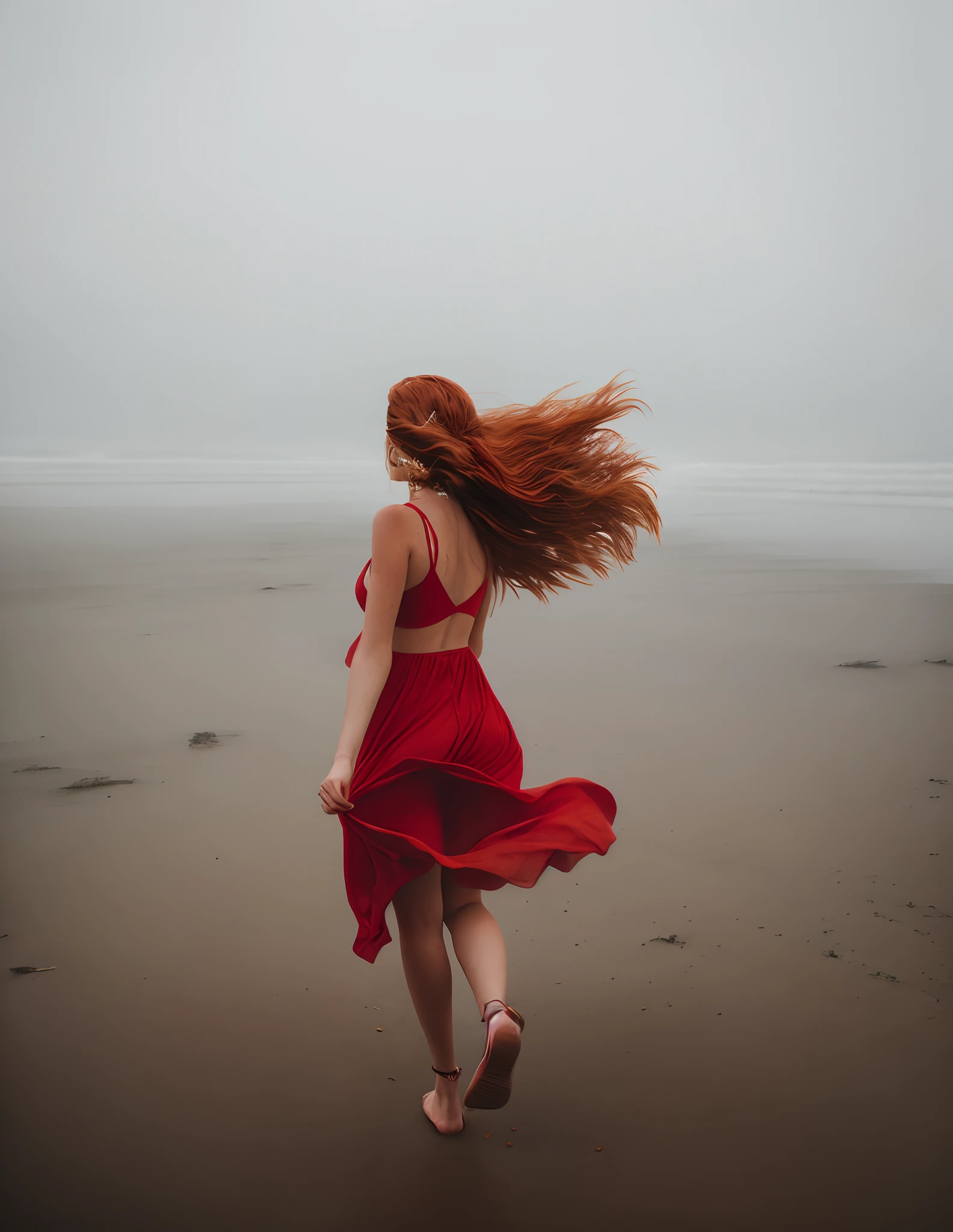 Arafed woman in red dress walking on beach with long hair - SeaArt AI