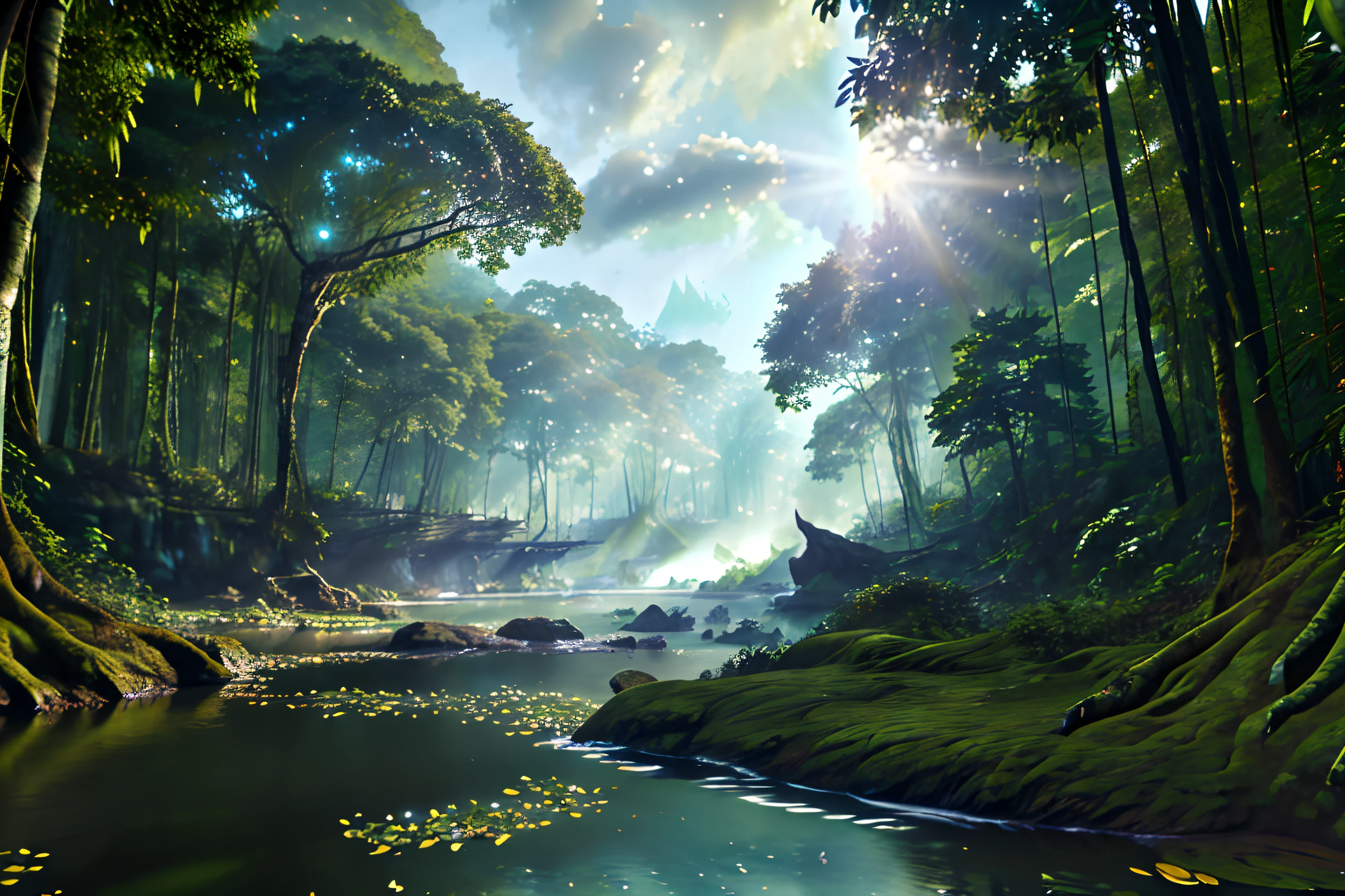 mystischer Wald, Dichter Dschungel, Schönheit von Mutter Natur, (((Meisterwerk))), ((beste Qualität)), Realistisch, 8k, ultra-detailliert, Realistisch, Landschaft, Konzeptkunst