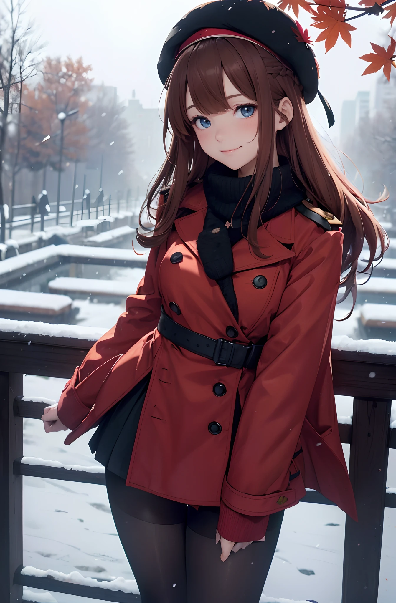 woman in an open red toggle coat side view, long wavy light brown hair, straight cut bangs, blush, (red beret), black pantyhose, wide shot, pitch black and snowing, tall, ((Hands concealed behind back, standing up and leaning forward slightly with a smile)), ((pretty dark blue eyes)), ((view from thigh area to top of hat)), ((Autumn)), ((facing viewer)), ((Hair blowing in the breeze)), ((a maple leaf on the top of her beret))