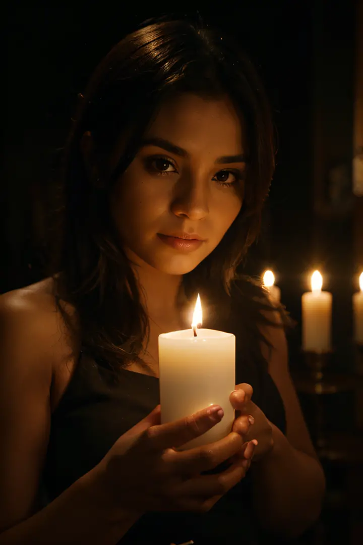 A Sigana holding a candle, in the dark room background, Cinematic, in high definition, holding a candle