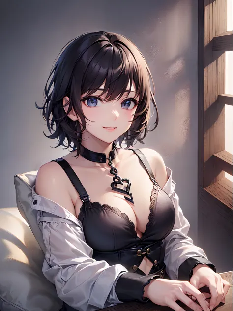 ((Finest quality)),(超A high resolution),(ultra-detailliert),(Meticulous portrayal),((Best CG)),(Finest works of art),Ultra-Precision Art,The art of astounding depiction, (1人の女性:1.5),short black hair with luster:1.5,a smile,Casual Fashion