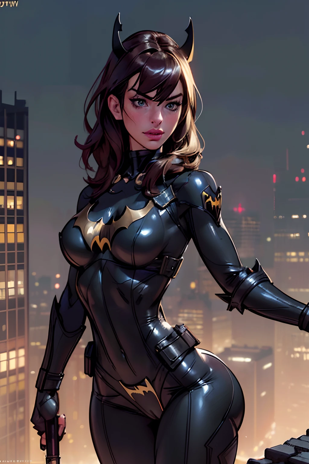 ((Anne Hathaway dans le rôle de Batgirl tenant un Batarang)), portant une armure cyberpunk Batgirl avec une cape, (pose dynamique), cheveux roux, forme d&#39;Athlete, costume serré, très beau, ((Sexy, petit sein naturel, clivage, nippon, orteil de chameau)),  (peau très détaillée: 1.2), visage sérieux, beau visage, peau très détaillée, pores de la peau, (visage très détaillé:1.1), (yeux très détaillés:1.1), réaliste pupils, rougir sur tout le visage, Lèvres pleines, (anatomie parfaite:1.1), (Des proportions parfaites:1.1), (la photographie:1.1), (photoréaliste:1.1), éclairage volumétrique, éclairage dynamique, de vraies ombres, (haute résolution:1.1), netteté, (réaliste, hyperréaliste:1.4), complexe, détail élevé, Spectaculaire, diffusion souterraine, vif, Brillant, aiguisé, 35mm, 8k, (((Night la photographie, Contexte de la ville de Gotham)