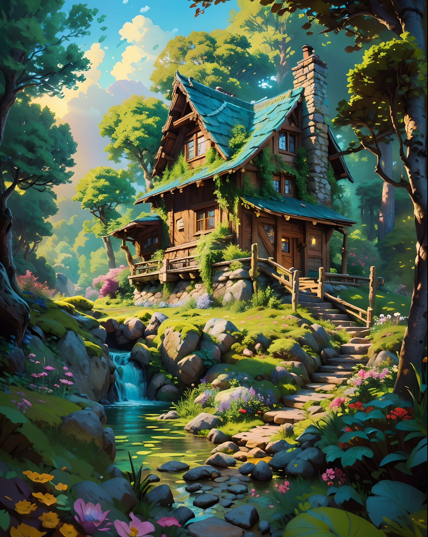 A wooden cottage, built on the right side of a small waterfall that flows into a lake on the left side surrounded by rocks and flowers.  The forest in the background has tall trees and the sky is blue, |  digital painting with impressionist style and atmospheric perspective, masterpiece, best quality, best details, 16K