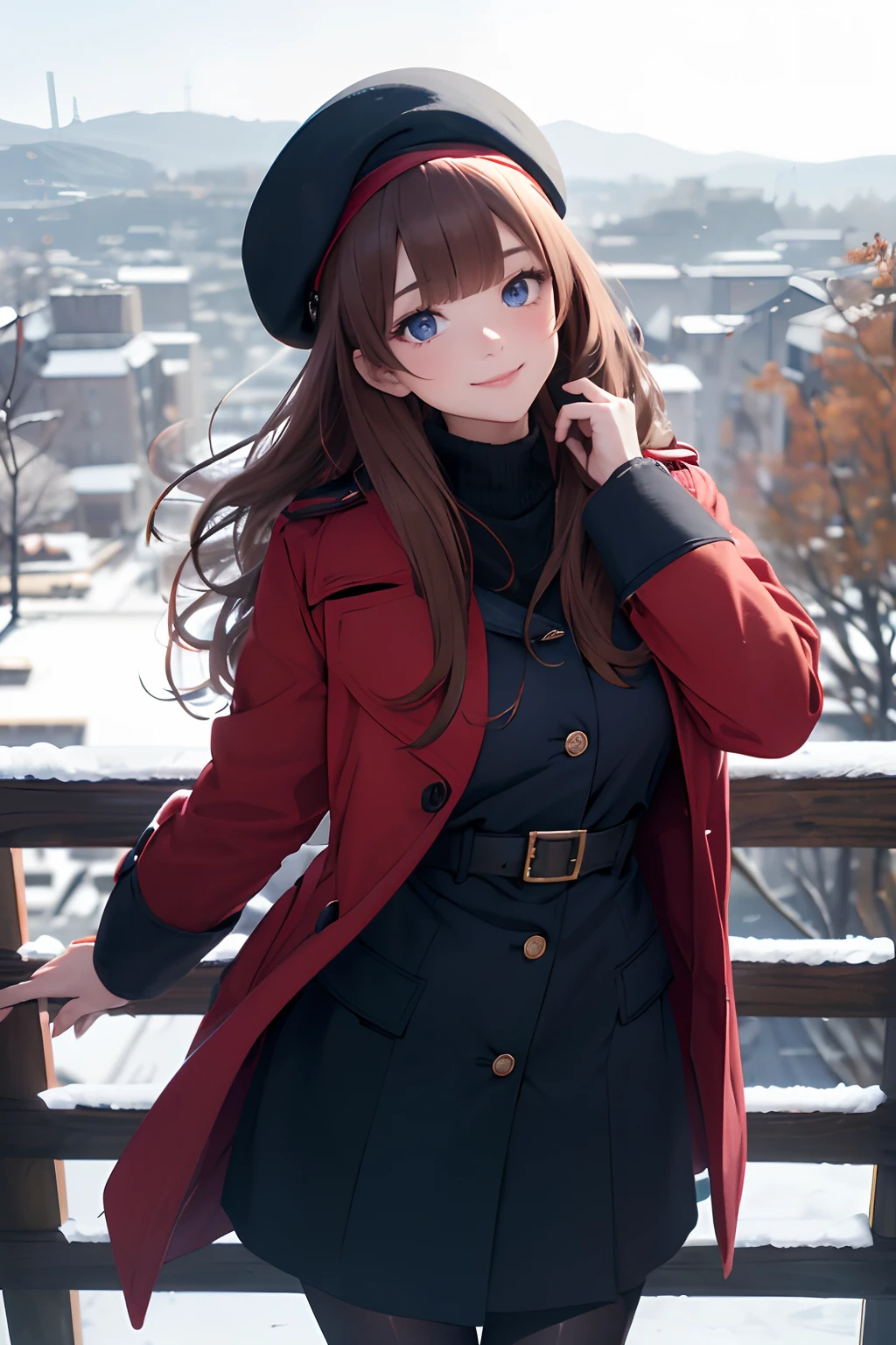 woman in an open red toggle coat side view, long wavy light brown hair, straight cut bangs, blush, (red beret), black pantyhose, wide shot, pitch black and snowing, tall, ((Hands concealed behind back, standing up and leaning forward slightly with a smile)), ((pretty dark blue eyes)), ((view from thigh area to top of hat)), ((Autumn)), ((facing viewer)), ((Hair blowing in the breeze)),), ((full view of her beret))