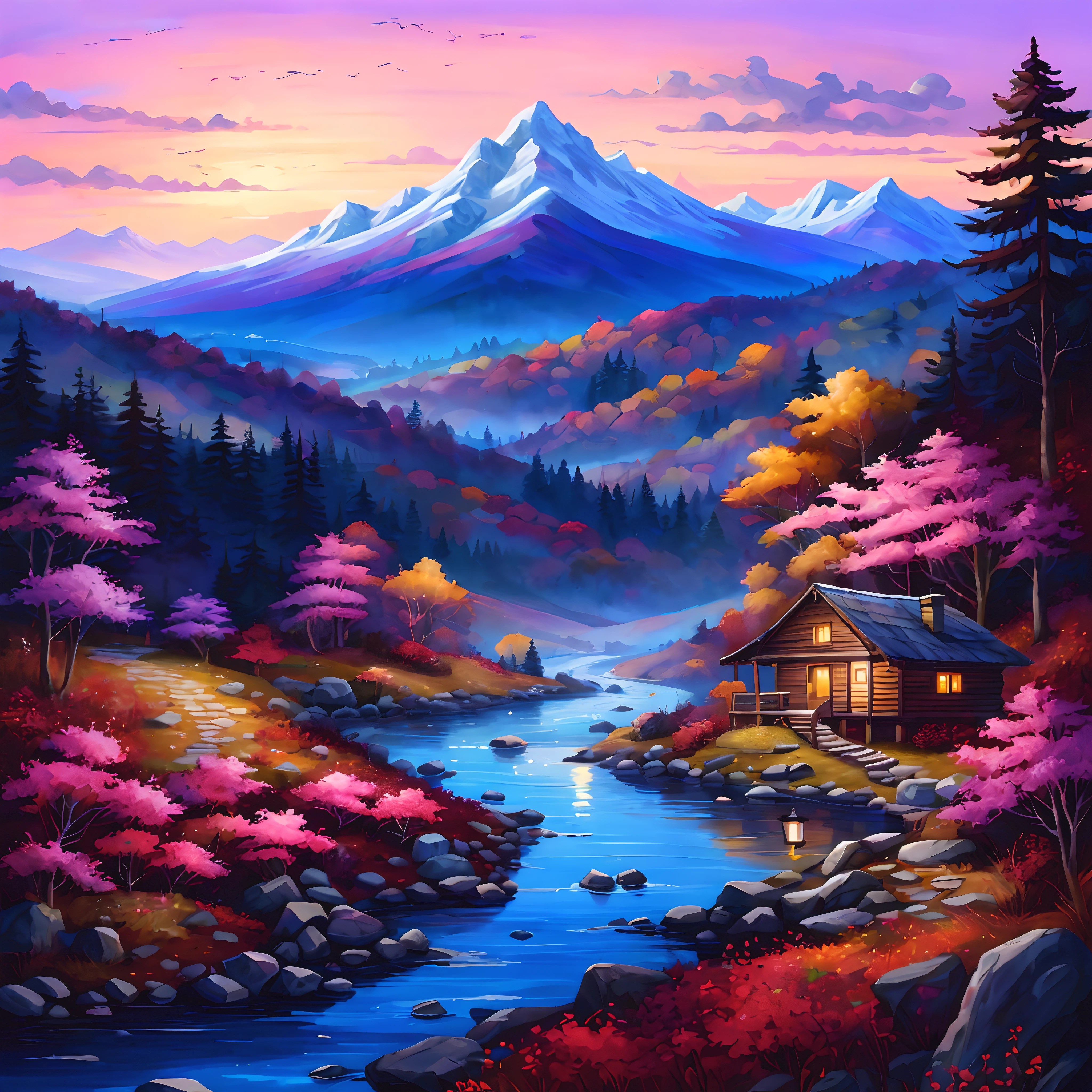 painting of a mountain scene with a cabin and a stream, detailed painting 4 k, beautiful art uhd 4 k, scenery art detailed, rich picturesque colors, vibrant gouache painting scenery, colorful landscape painting, extraordinary colorful landscape, autumn mountains, scenery artwork, dream scenery art, magical landscape, full of colors and rich detail, scenic colorful environment, peaceful landscape
