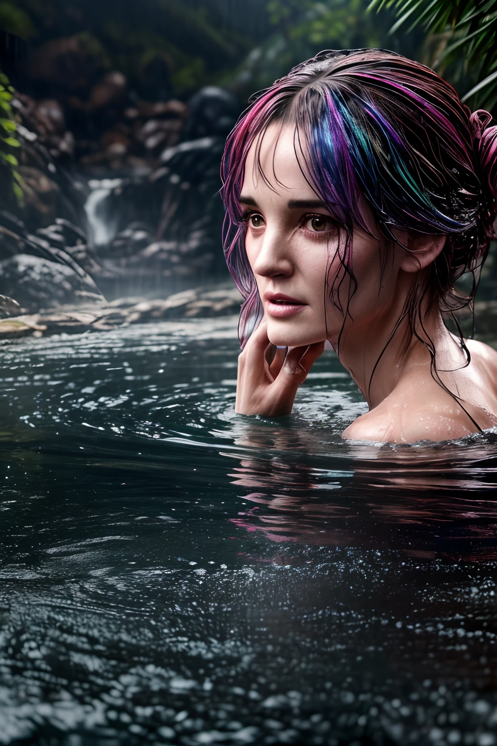 a woman posed at a hot spring, masterpiece, hyperdetailed, intricate details, 8k, thick rain, she is wet, facial expresssion (shy:1.2), concept art, looks like (Winona Ryder:1.3), hair in a bun, rainbow hair, rtx reflections