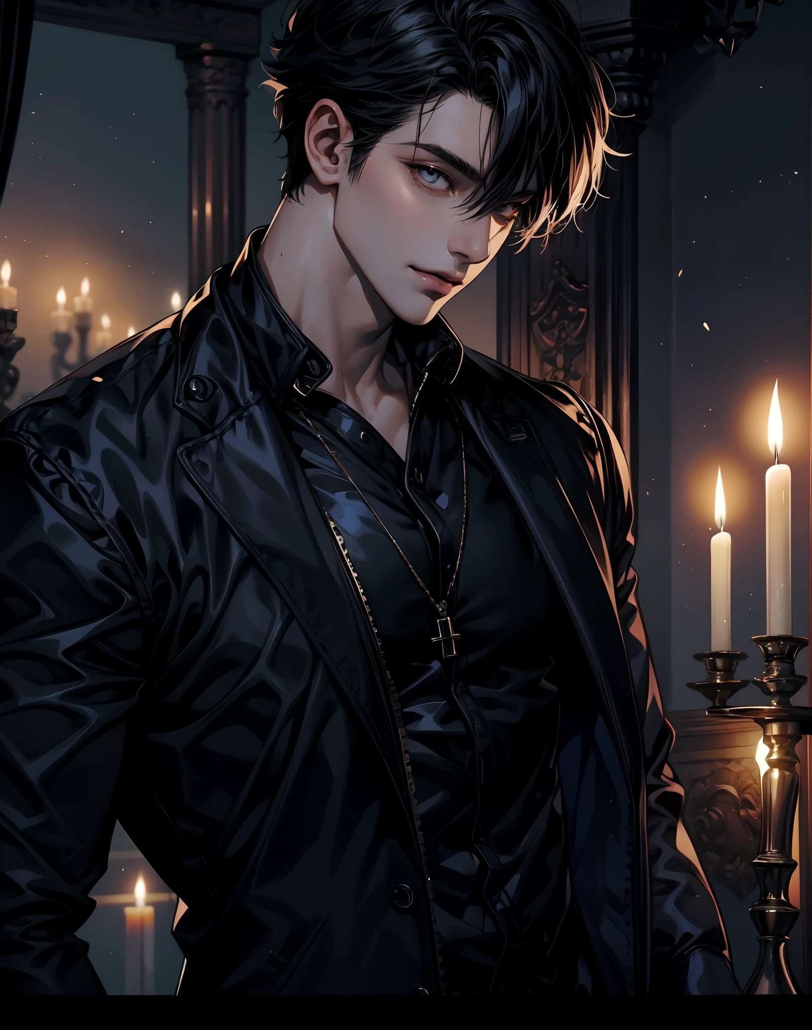 Anime hübscher Junge muskulöser schwarzer Latexanzug der eine Kerze hält, böses Lächeln, Luxus-Schlafzimmer-Hintergrund, dunkel_Haut_Gut aussehender Mann, Blick auf die Aussicht, voll_Körper, Stehende Pose,