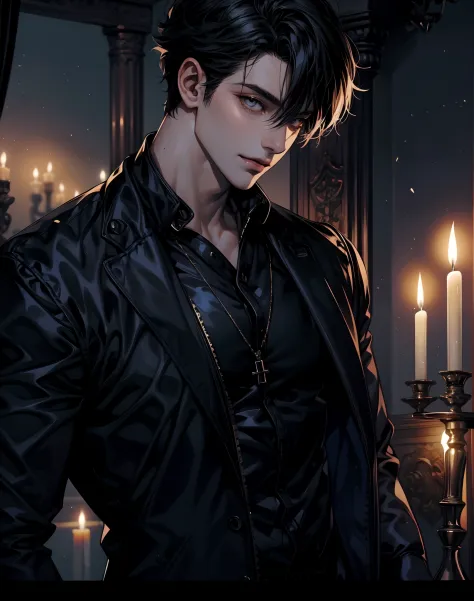 anime handsome boy muscular black latex suit holding a candle, evil smile, luxury bedroom background, dark_skin_handsome looking...