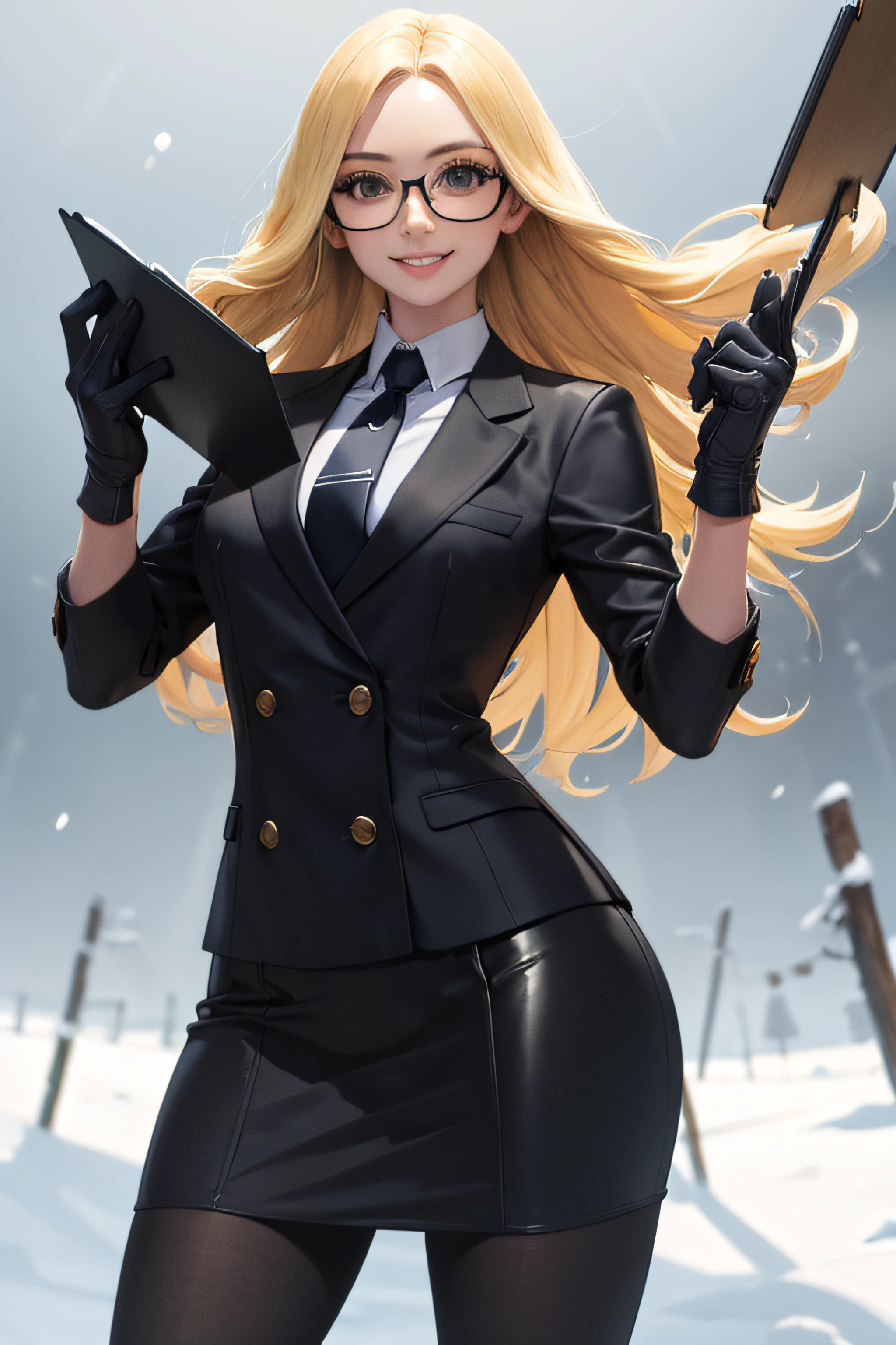 masterpiece, best quality, blonde hair, sfKolin, glasses, black shiny skirt suit, (((three-piece suit))), necktie, blazer, suit jacket, waistcoat, bodycon skirt, snow, grey sky, black gloves, holding clipboard, smiling, looking at viewer, battle stance