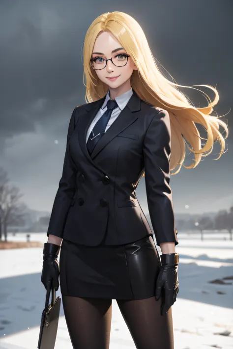 masterpiece, best quality, blonde hair, sfKolin, glasses, black shiny skirt suit, (((three-piece suit))), necktie, blazer, suit ...