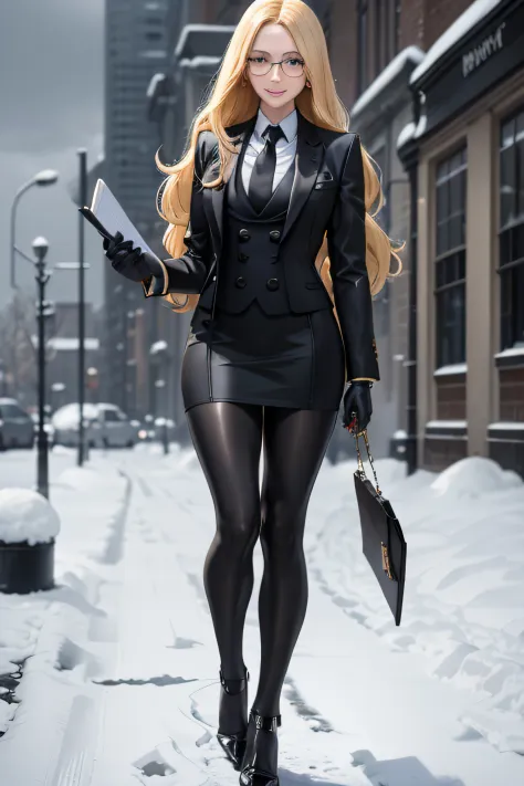 masterpiece, best quality, blonde hair, sfKolin, glasses, black shiny skirt suit, (((three-piece suit))), necktie, blazer, suit ...