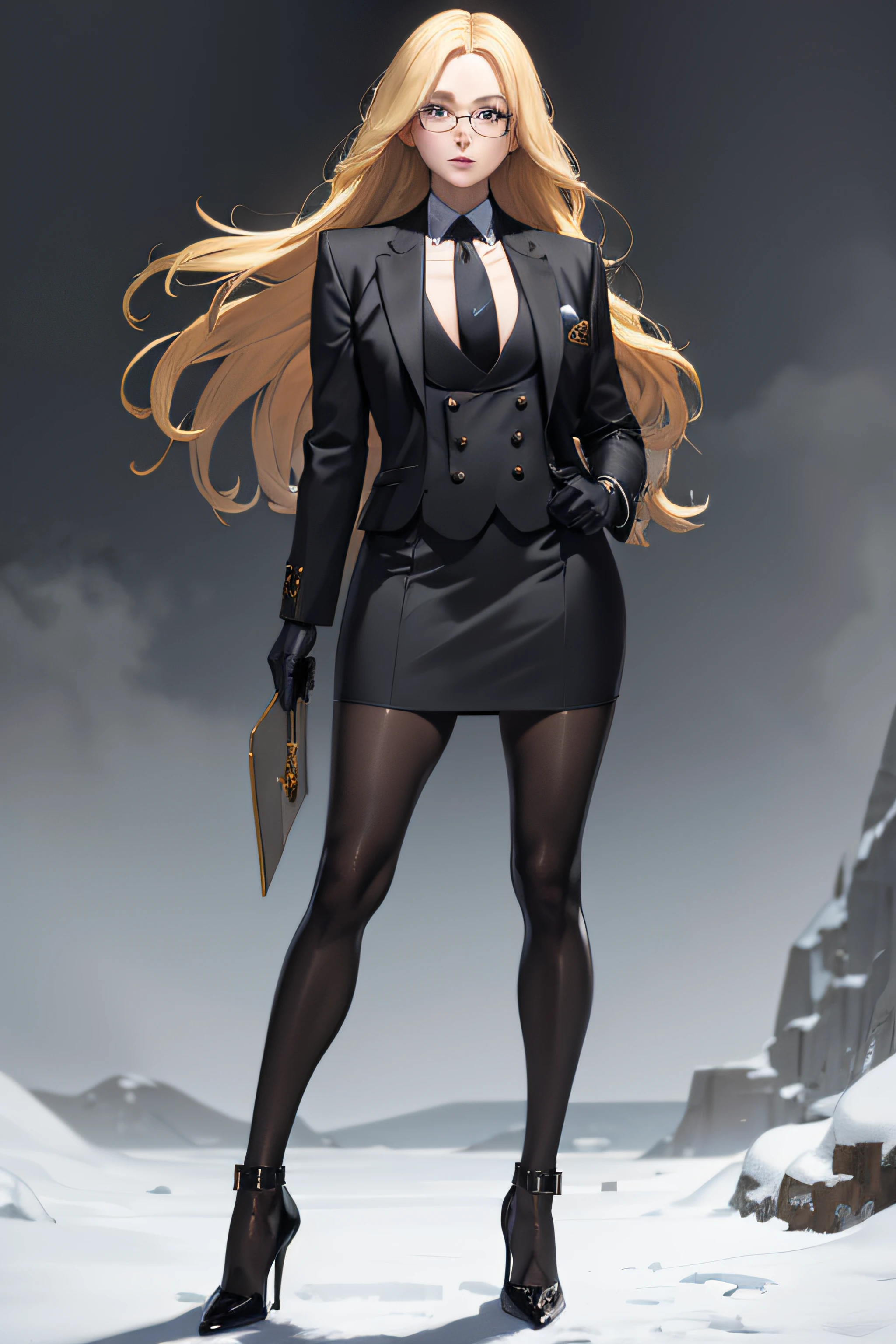 masterpiece, best quality, blonde hair, sfKolin, glasses, black shiny skirt suit, (((three-piece suit))), necktie, blazer, suit jacket, waistcoat, bodycon skirt, snow, grey sky, black gloves, holding clipboard, looking at viewer, high heels