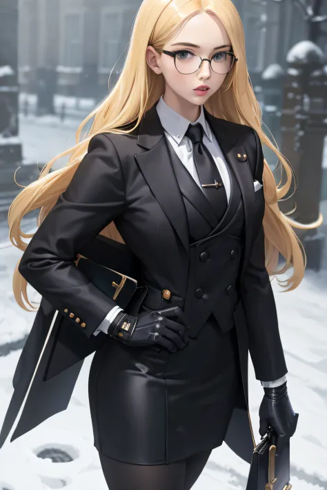 masterpiece, best quality, blonde hair, sfKolin, glasses, black shiny skirt suit, (((three-piece suit))), necktie, blazer, suit ...