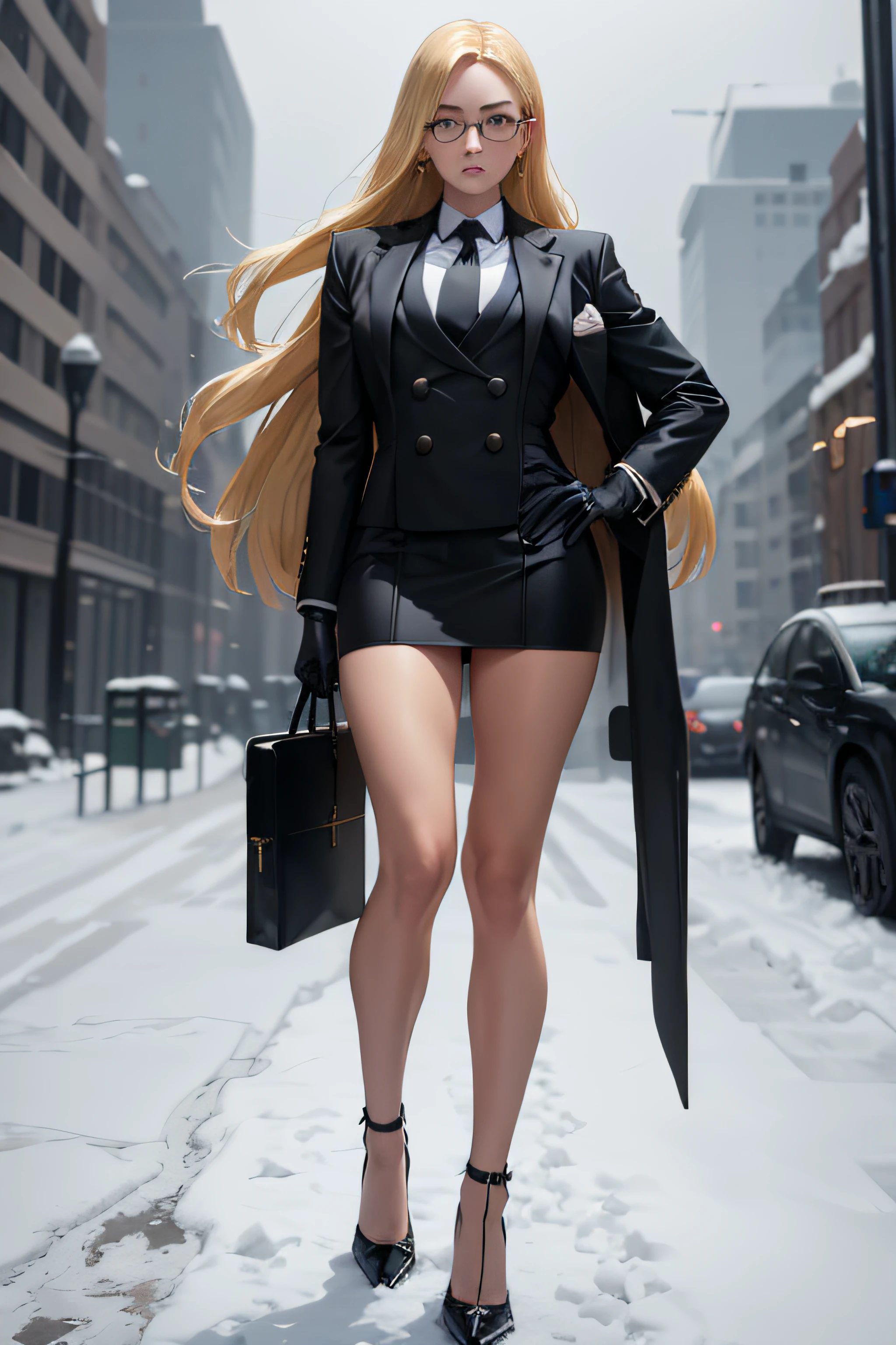 masterpiece, best quality, blonde hair, sfKolin, glasses, black shiny skirt suit, (((three-piece suit))), necktie, blazer, suit jacket, waistcoat, bodycon skirt, snow, grey sky, black gloves, holding clipboard, looking at viewer, high heels