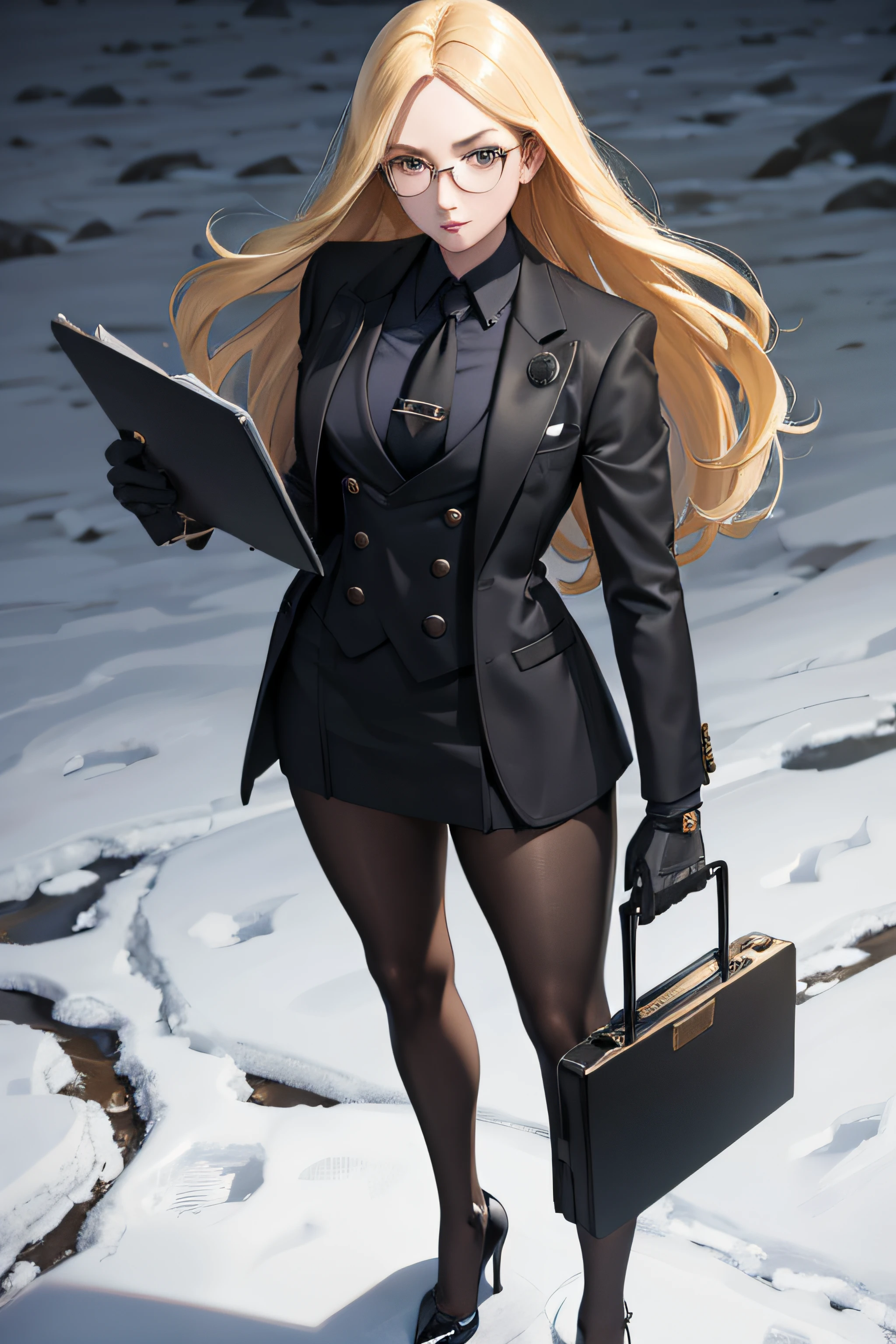 masterpiece, best quality, blonde hair, sfKolin, glasses, black shiny skirt suit, (((three-piece suit))), necktie, blazer, suit jacket, waistcoat, bodycon skirt, snow, grey sky, black gloves, holding clipboard, looking at viewer, high heels