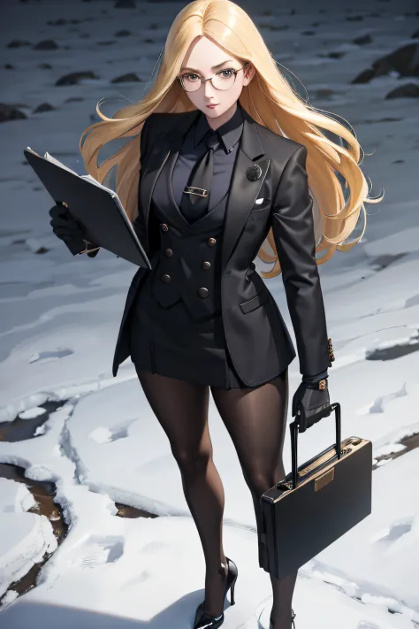 masterpiece, best quality, blonde hair, sfKolin, glasses, black shiny skirt suit, (((three-piece suit))), necktie, blazer, suit ...