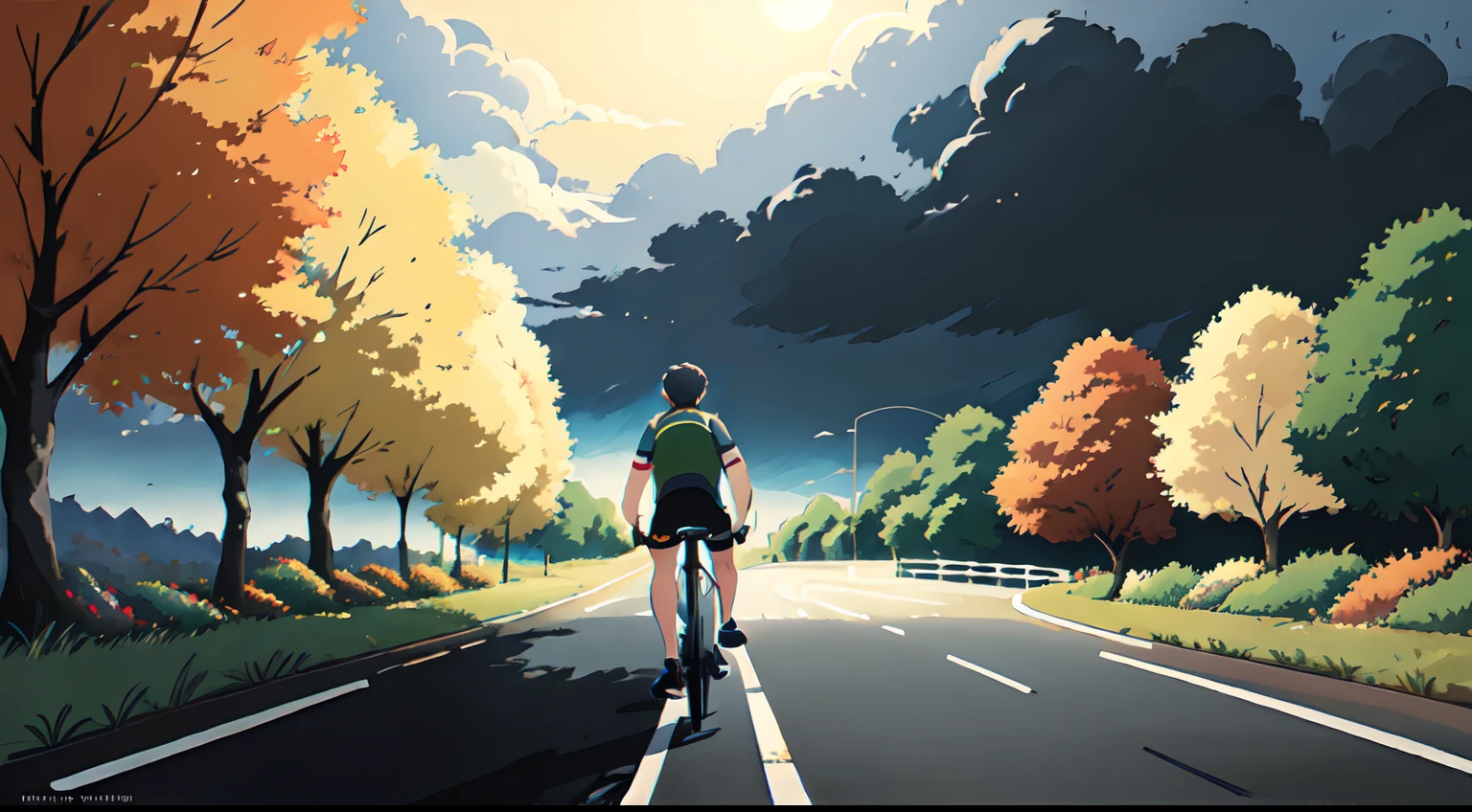 (Ciclista en solitario: 1.5), (bicicleta realista: 1.5), (ciclista realista: 1.5), Plan en gros plan, Lo mejor de lo mejor, otoño, Noche, cielos oscuros, Orange leaves, Hojas cayendo, Fondo ajardinado, ombres, contraste, Makoto Shinkai (mejor calidad:1.3), (high resolucion:1) Arte del estilo Studio Ghibli, impresionismo, colores vibrantes