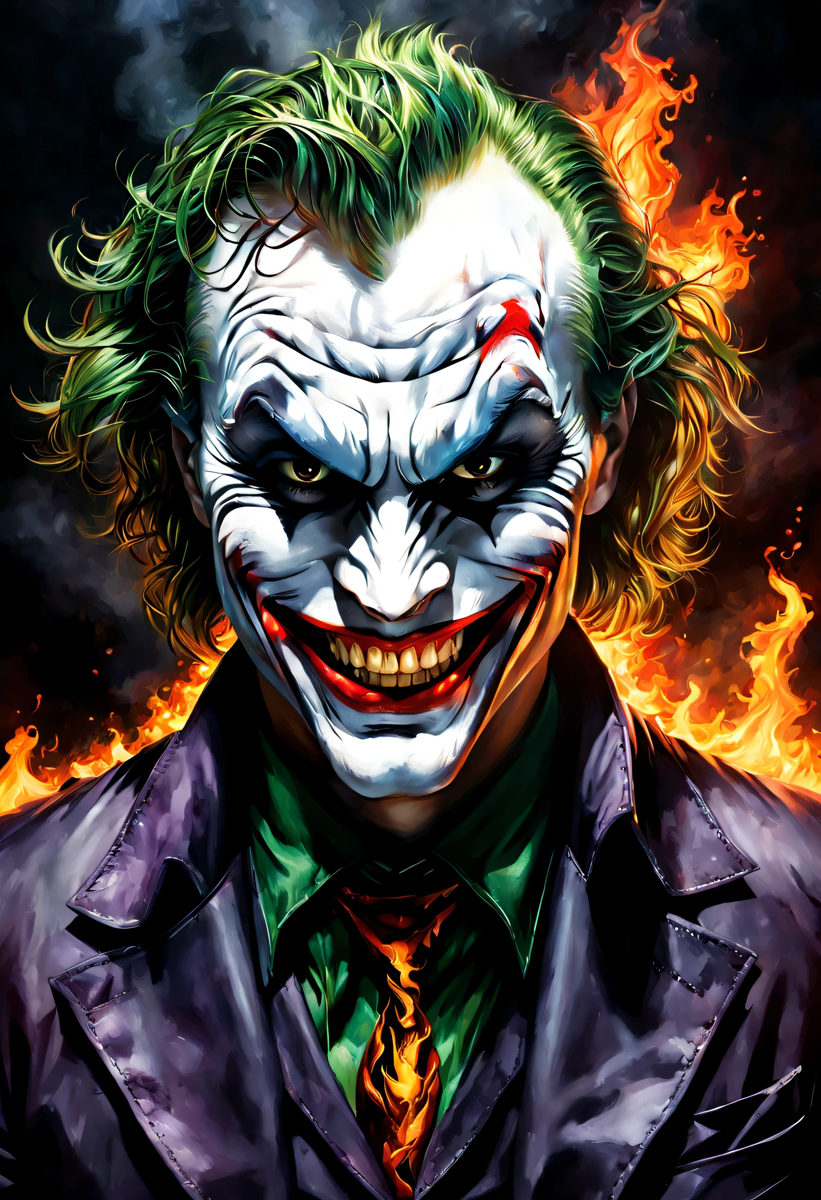 photo, extreme realistic, hyper-realistic, half body portrait, the joker, in a dark gotham city, extreme detailed face, creepy smile, fire back