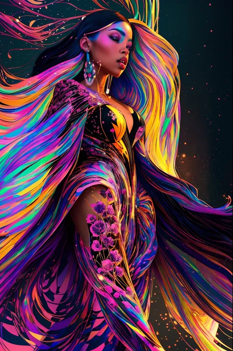 Beautiful black woman dressed in a silk soft dress walking in a rose golden heaven, with iridescent light, highly detailed image...