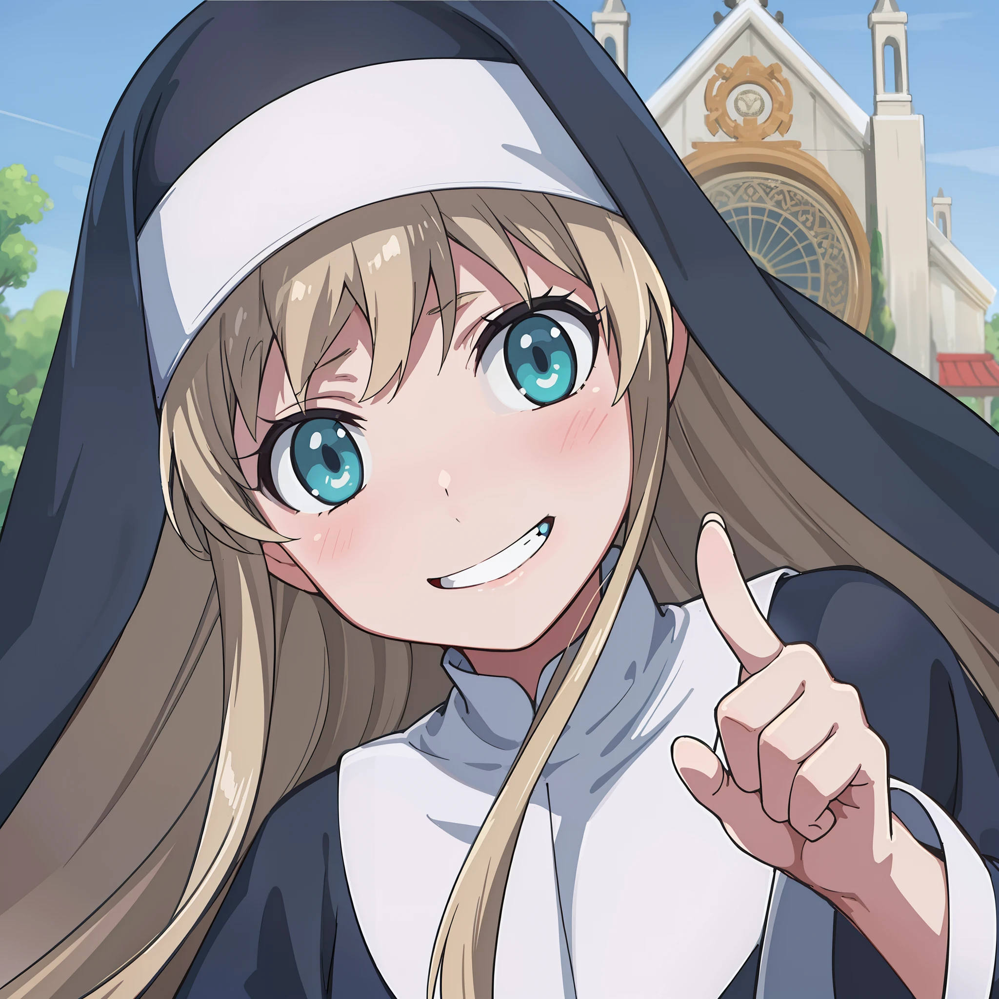 hiquality, tmasterpiece (one girls) nun. Cassock clothing. blonde woman. Cyan eyes. ssmile. Against the background of the sky, temple. the trees. Hand with fingers. happy face.