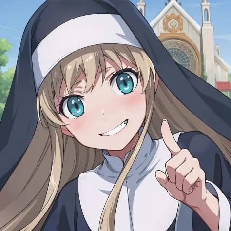 hiquality, tmasterpiece (one girls) nun. Cassock clothing. blonde woman. Cyan eyes. ssmile. Against the background of the sky, t...