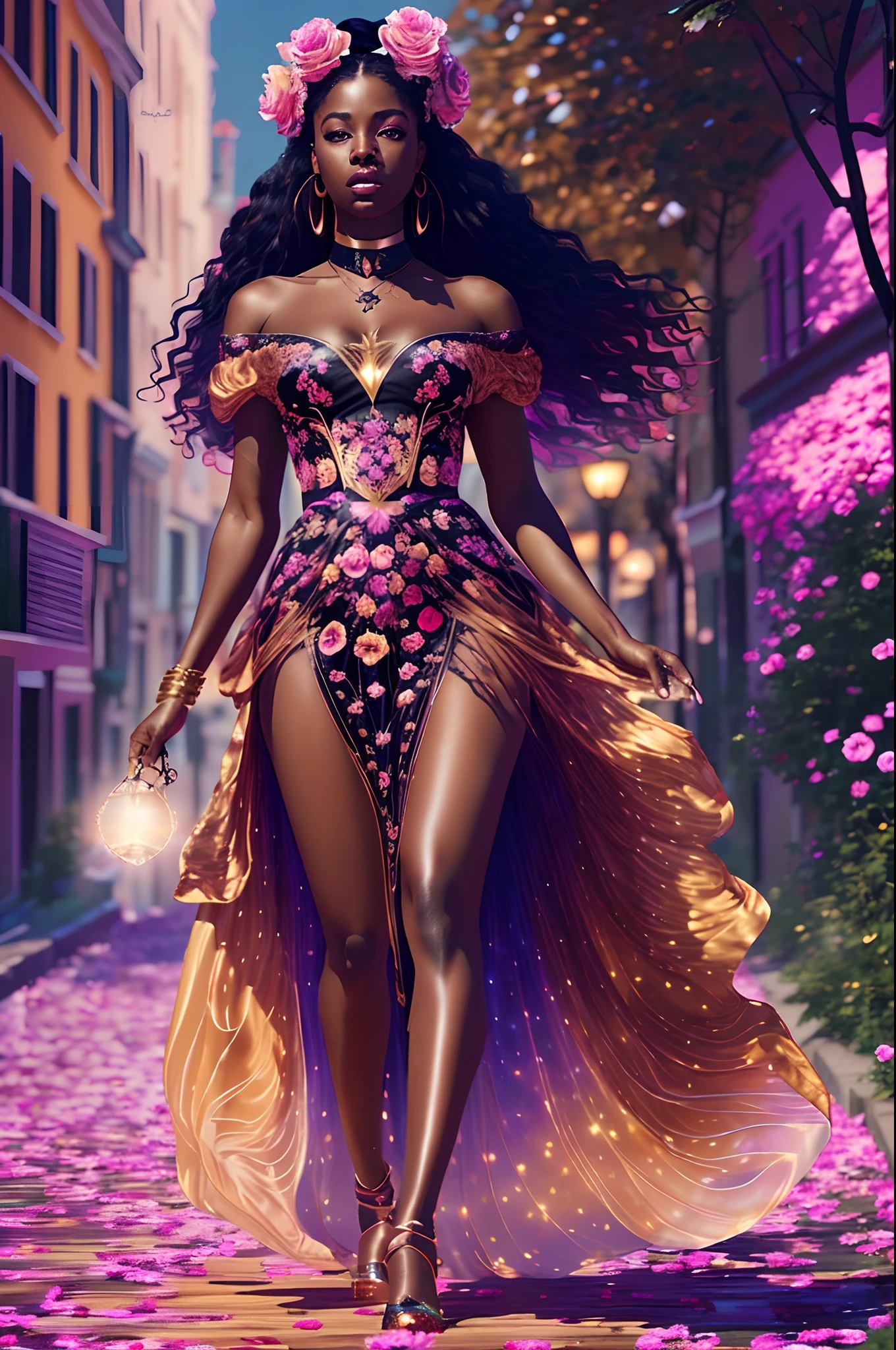 Hermosa mujer negra vestida con un vestido suave de seda caminando en un cielo dorado rosa, con luz iridiscente, imágenes muy detalladas, hermosos colores vibrantes, imagen fotorrealista, 32k, ultra alta definición, motor irreal renderizado, iluminación cinematográfica, arte de Bella caja, arte estilo alemán, deviantart --auto --s2