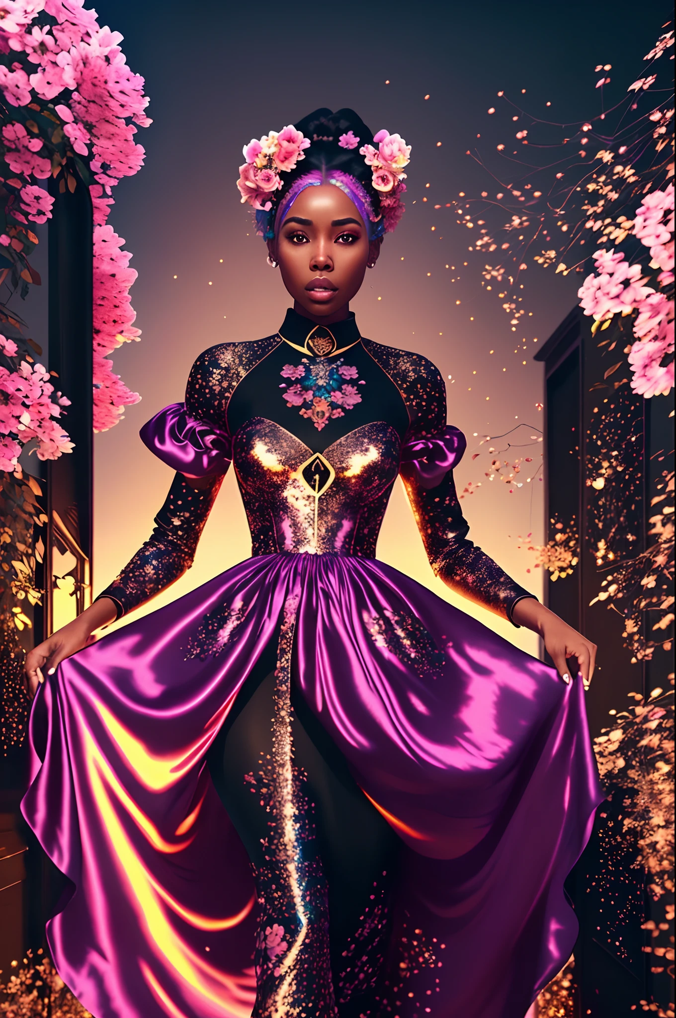 실크 부드러운 드레스를 입고 장미빛 황금빛 천국을 걷고 있는 아름다운 흑인 여성, 무지개 빛깔의 빛으로, 매우 상세한 이미지, 생기 넘치는 아름다운 색상, 사실적인 이미지, 32,000, 울트라 HD, 언리얼 엔진 렌더링, 시네마틱 조명, 삽화: Bella box, 아트저먼 스타일, deviantart --auto --s2