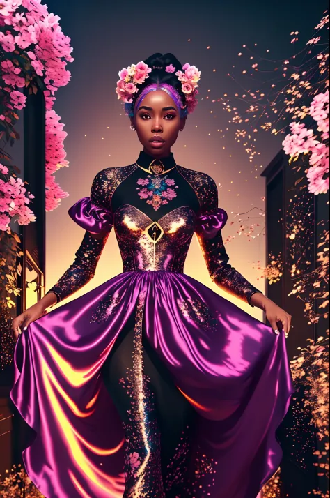 Beautiful black woman dressed in a silk soft dress walking in a rose golden heaven, with iridescent light, highly detailed image...