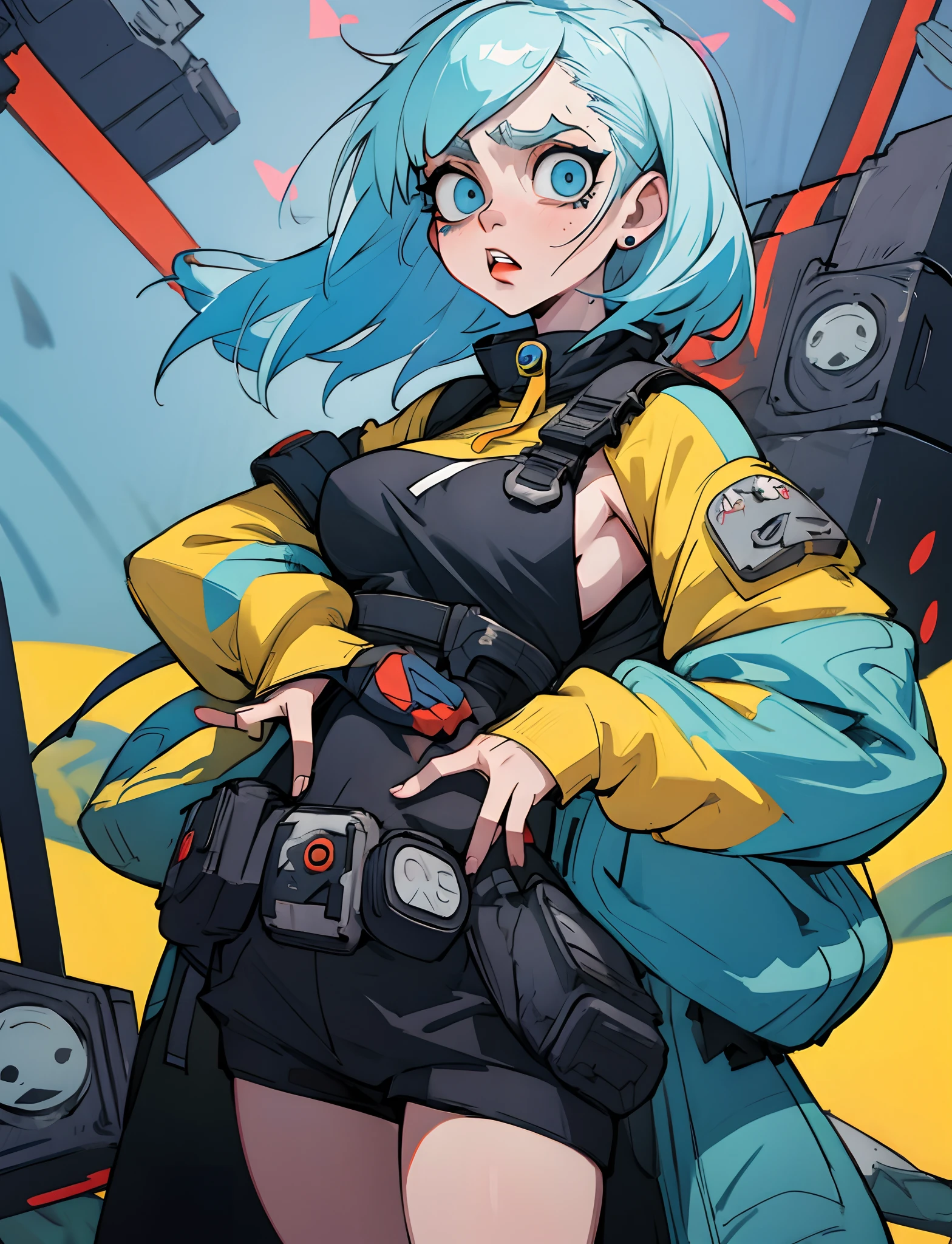 A woman with blue hair and a yellow jacket standing in front of a building  - SeaArt AI