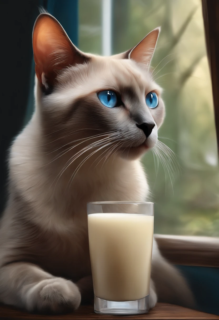 There was a cat sitting next to a glass of milk, Gato bebiendo leche, Illustration of 1 Siamese cat atrigrade red point, ojos azules grisaceos, Ilustraciones ultrarrealistas, Ilustraciones ultrarrealistas, hypperrealistic illustration, un gato. Pintura realista, autor：Wayne Inglaterra, realistic illustration, Ilustraciones ultrarrealistas, retrato, Cerrar retrato, Surrealismo premiado, autor：Lisa Mirroy, por Galen Dara