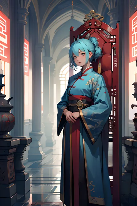 (masterpiece, best quality, highly detailed, cowboy shot), 1girl, cirno, Chinese clothes, elaborate outfit, throne room