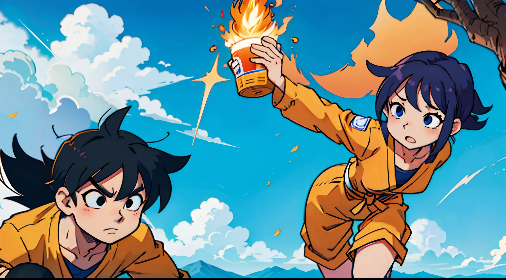 A couple of anime characters holding a fire in their hands - SeaArt AI