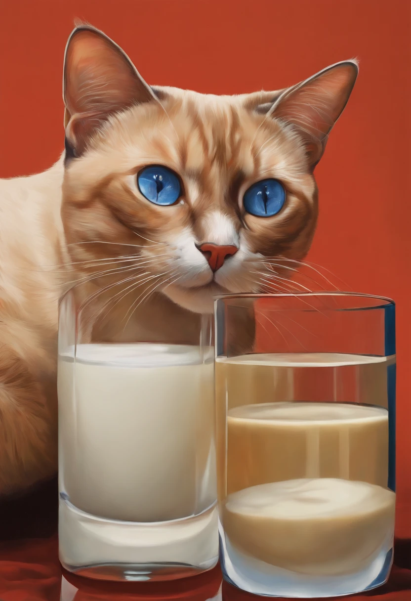 There was a cat sitting next to a glass of milk, Gato bebiendo leche, Illustration of 1 Trigrade Red-tipped Siamese Cat, ojos azules grisaceos, Ilustraciones ultrarrealistas, Ilustraciones ultrarrealistas, hypperrealistic illustration, un gato. Pintura realista, autor：Wayne Inglaterra, realistic illustration, Ilustraciones ultrarrealistas, retrato, Cerrar retrato, Surrealismo premiado, autor：Lisa Mirroy, por Galen Dara