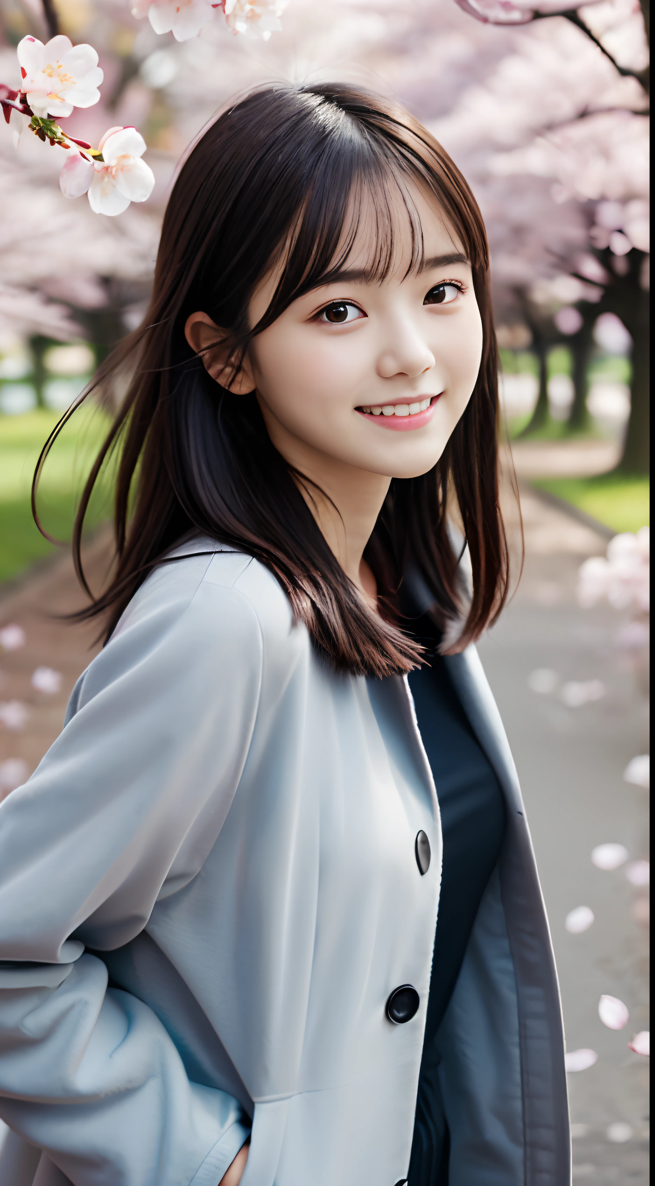 (low  angle shot: of one girl.5)、(Close up from below one girl with slender small breasts and long hair with dull bangs in spring coat and shirt :1.5)、(The girl with a small smile、the hair flutters with the wind :1.5)、(Rows of cherry blossom trees in full bloom and cherry blossom petals dancing in the wind:1.5)、(Perfect Anatomy:1.3)、(No mask:1.3)、(complete fingers:1.3)、Photorealistic、Photography、masutepiece、top-quality、High resolution, delicate and pretty、face perfect、Beautiful detailed eyes、Fair skin、Real Human Skin、pores、((thin legs))、(Dark hair)