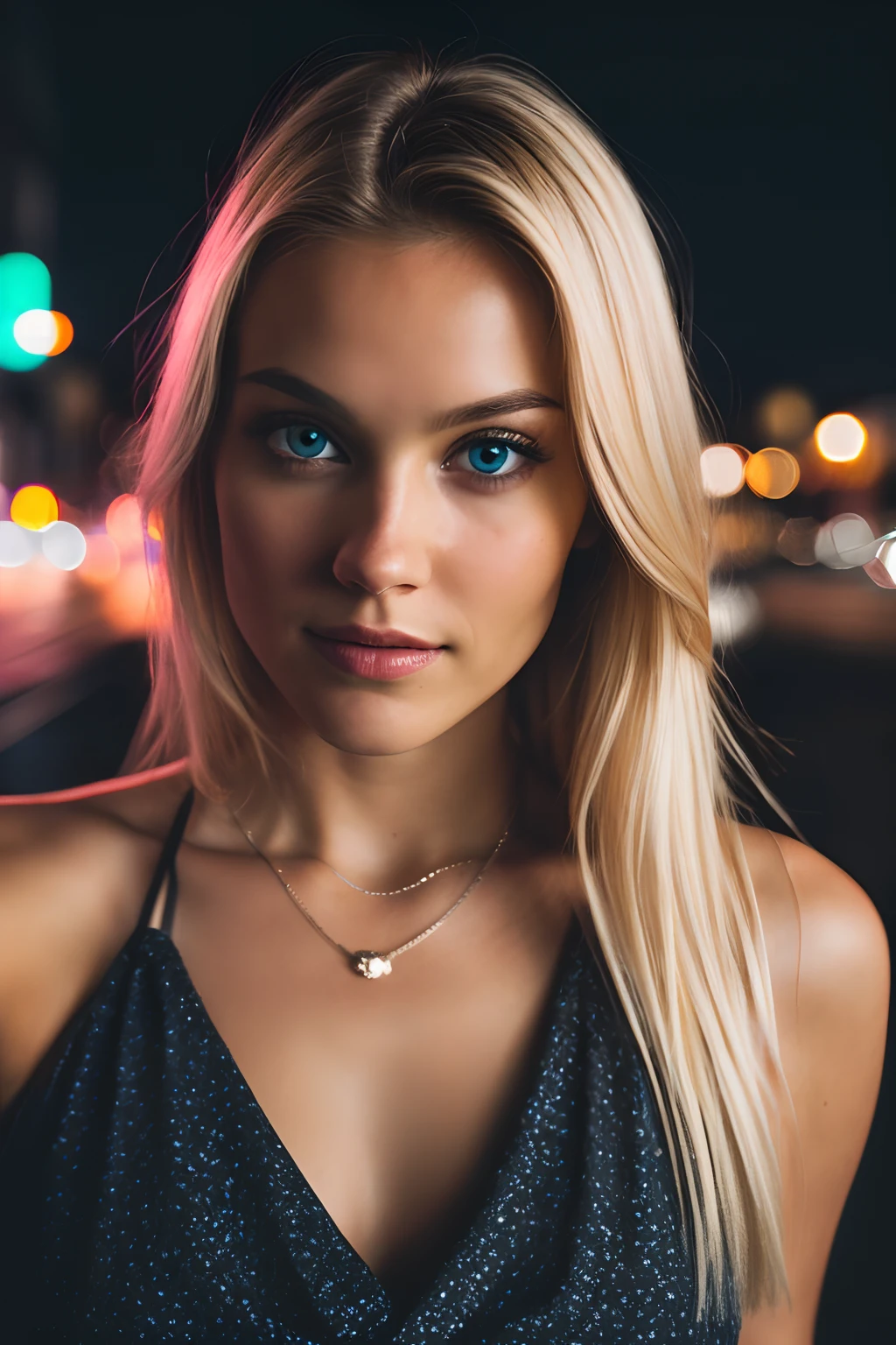 (selfie shot, from above: 1.4), (half-body portrait: 1.4), 24-year-old blonde (blue-eyed woman) walking in a bar RAW uhd portrait photo, natural breast_b, city background at night, (yellow sundress), (crack), detailed (texture!, hair!, shine, color!!, flaws: 1.1), highly detailed glowing eyes, (looking at camera), specular light, dslr, extreme quality, sharp focus, sharp, dof, Film grain, (centered), Fujifilm XT3, crystal clear, center of frame, cute face, sharp focus, street lamp, neon lights, bokeh, (dark light), low key, night, (night sky ) detailed skin pores, oil Dark skin, brown, complex eye details