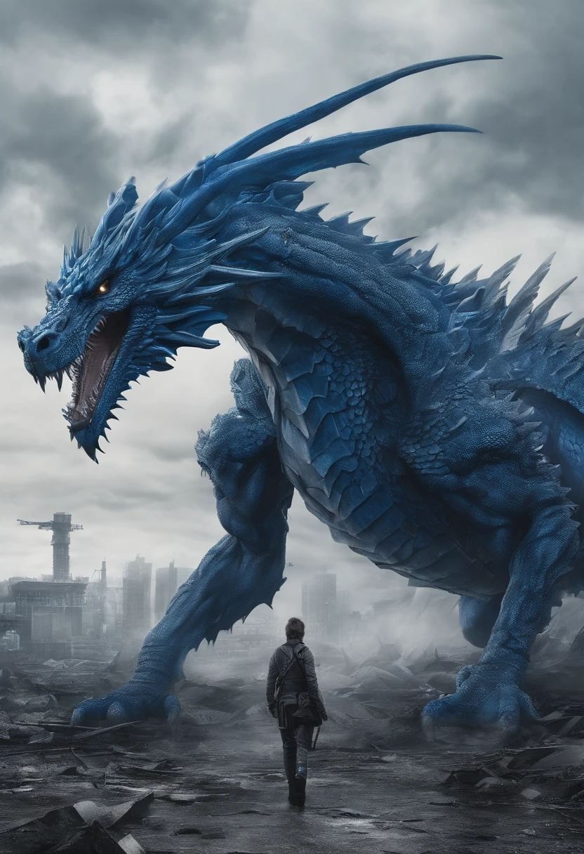 A man standing in front of a giant blue dragon in a city - SeaArt AI