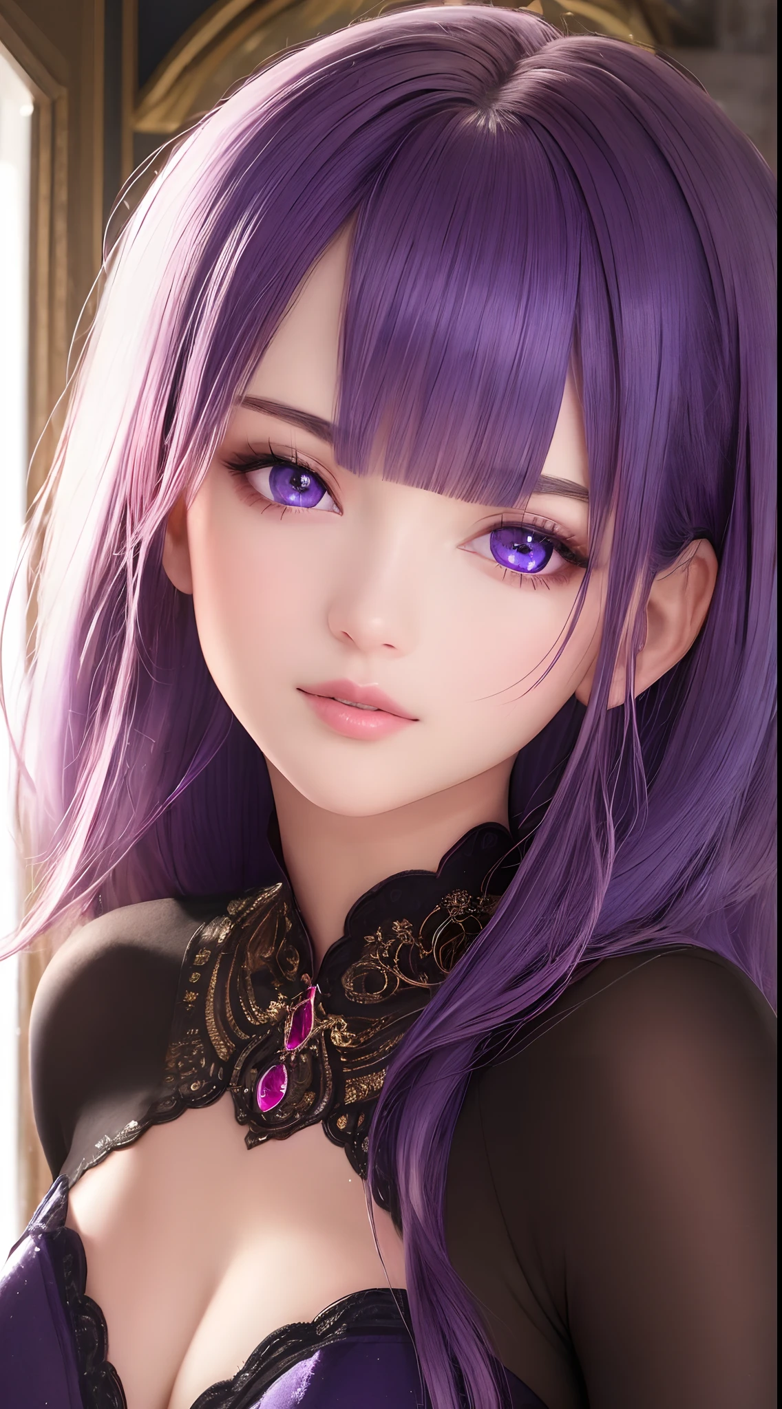 (masterpiece, sidelighting, finely detailed beautiful eyes: 1.2), masterpiece*portrait, realistic, 3d face, glowing eyes, shiny hair, lustrous skin, solo, embarassed, (midriff), purple hair, soft lips, glossy lips