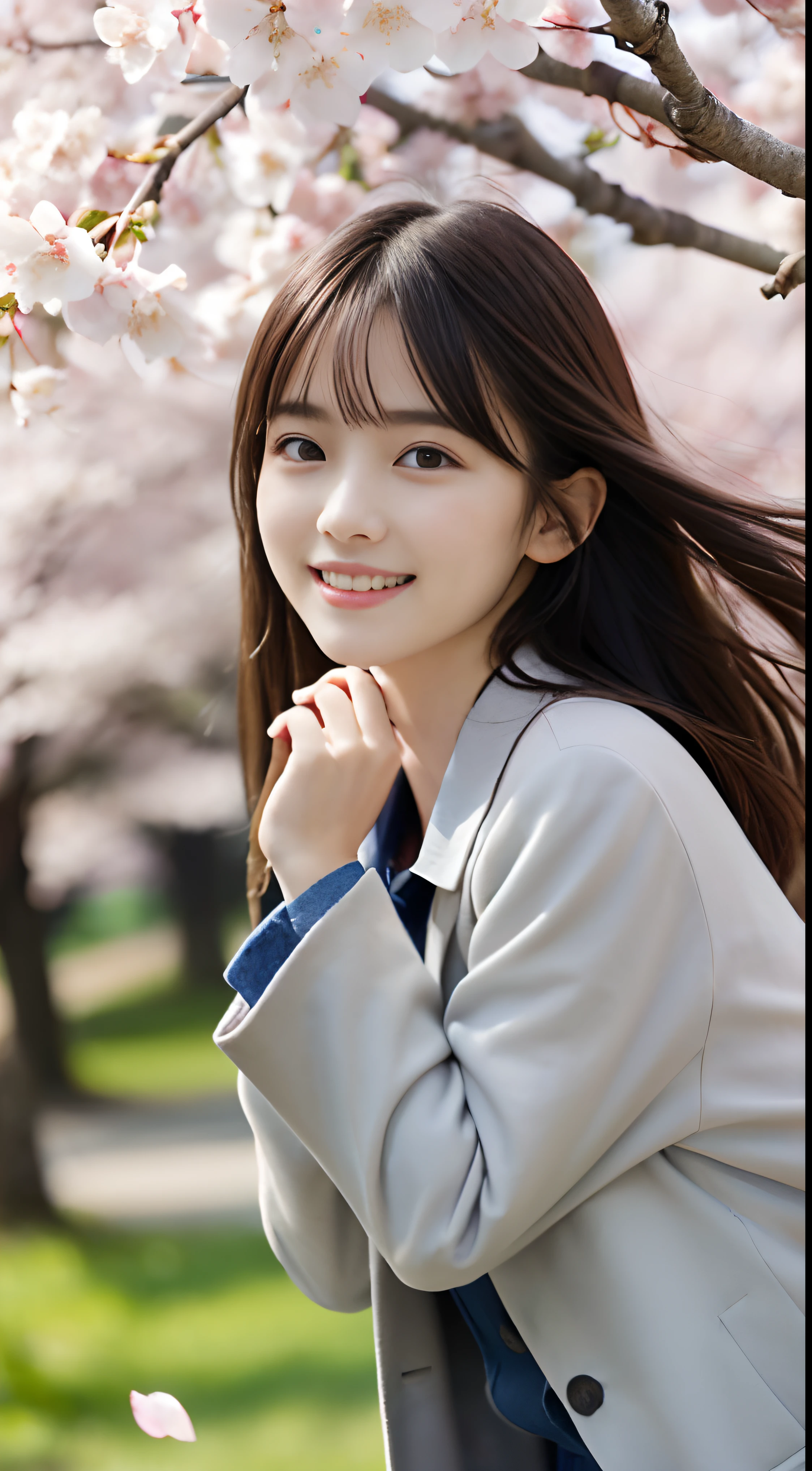 (slender small breasts and long hair,、Close up portrait of one girl with dull bangs in spring coat and shirt :1.5)、(Low angle shot of a girl dancing happily、the hair flutters with the wind :1.5)、(Rows of cherry blossom trees in full bloom and cherry blossom petals dancing in the wind:1.5)、(Perfect Anatomy:1.3)、(No mask:1.3)、(complete fingers:1.3)、Photorealistic、Photography、masutepiece、top-quality、High resolution, delicate and pretty、face perfect、Beautiful detailed eyes、Fair skin、Real Human Skin、pores、((thin legs))、(Dark hair)