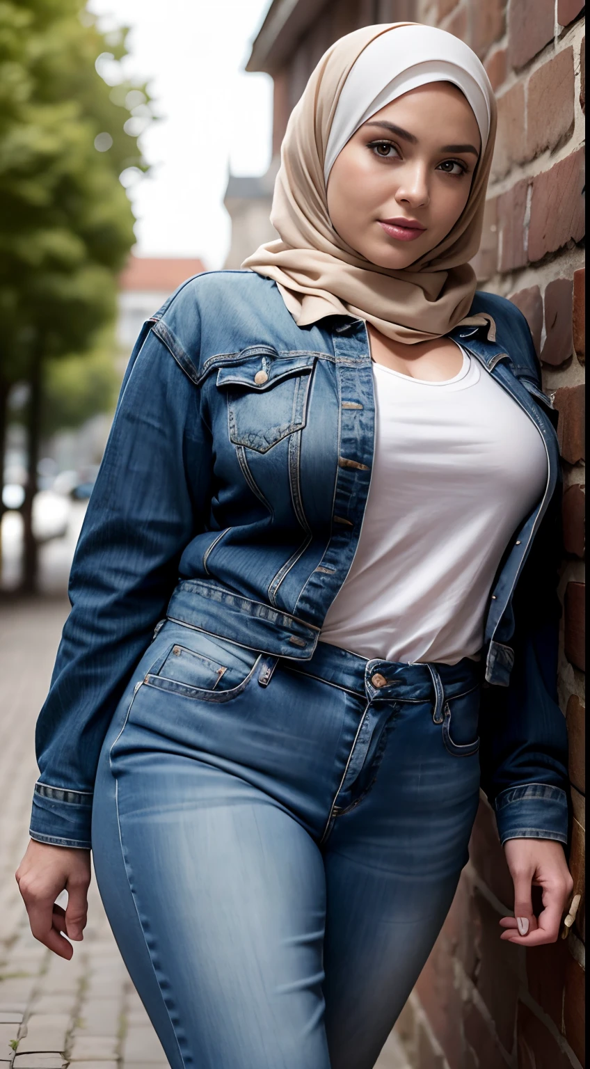 Arafed woman in a hijab leaning against a brick wall - SeaArt AI